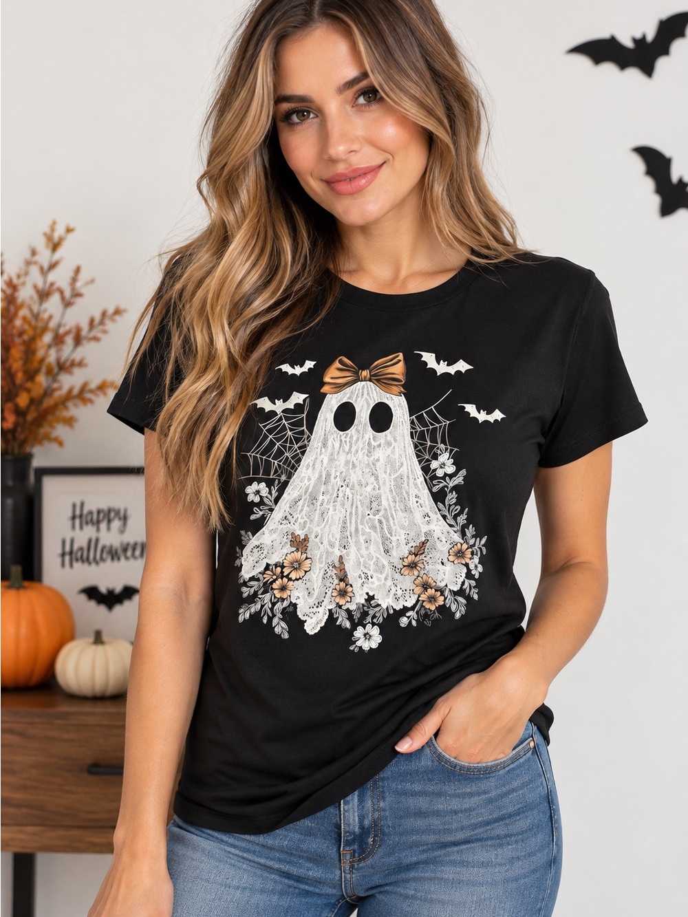 Halloween Lace Ghost Graphic Tee - Black